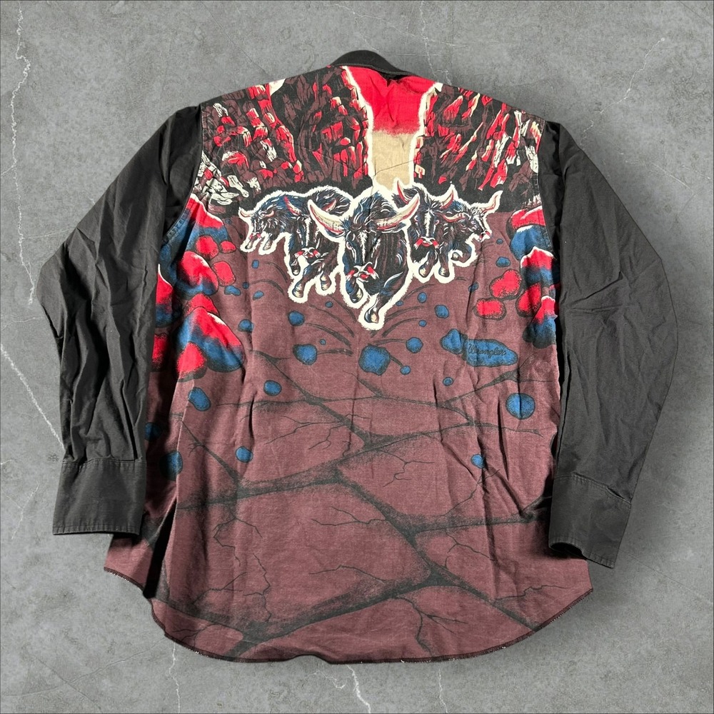 Vintage Wrangler Shirt Mens 17 1/2 Black Brushpopper Aztec Bulls Stampede Cowboy